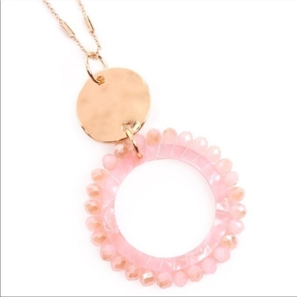 Glass Bead Pink Round Circle Pendant Resin Gold Tone Long Necklace - Picture 5 of 6